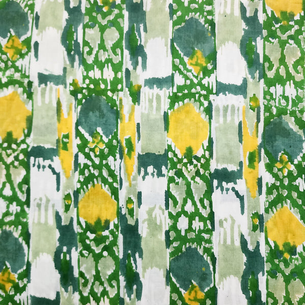 Pre-cut 0.90 cmPure Cotton Jaipuri White With Green And Yellow Border Hand Block Print Fabric