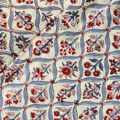 Pure Cotton Jaipuri White With Grey And Red Flower Jaal Hand Block Print Fabric