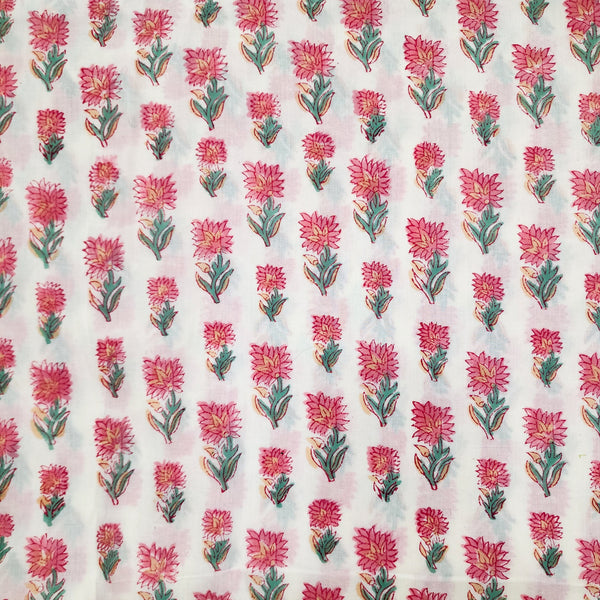 ( Pre-Cut 0.90 Meter ) Pure Cotton Jaipuri White With Peach Flowers Motifs Hand Block Print Fabric