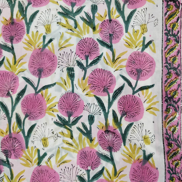 Pre-cut 1 meter Pure Cotton Jaipuri White With Pink Carnation Flowers Hand Block Print Fabric