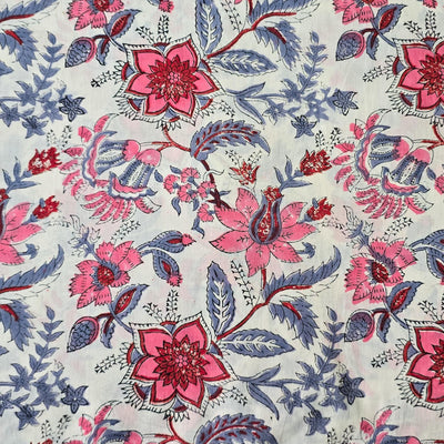 Pure Cotton Jaipuri White With Pink Grey Wild Floral Jaal Hand Block Print Fabric