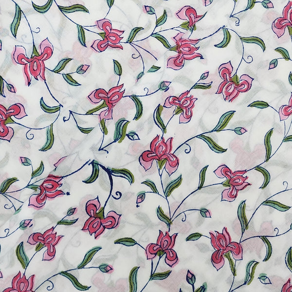 ( Pre-Cut 0.95 Meter ) Pure Cotton Jaipuri White With Pink Small Flower Jaal Hand Block Print Fabric