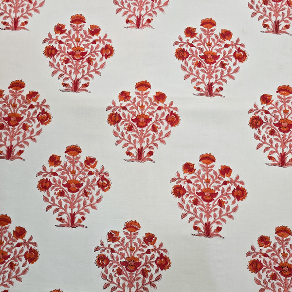 Pure Cotton Jaipuri White With  Red Rose Big Motif Hand Block Print Fabric