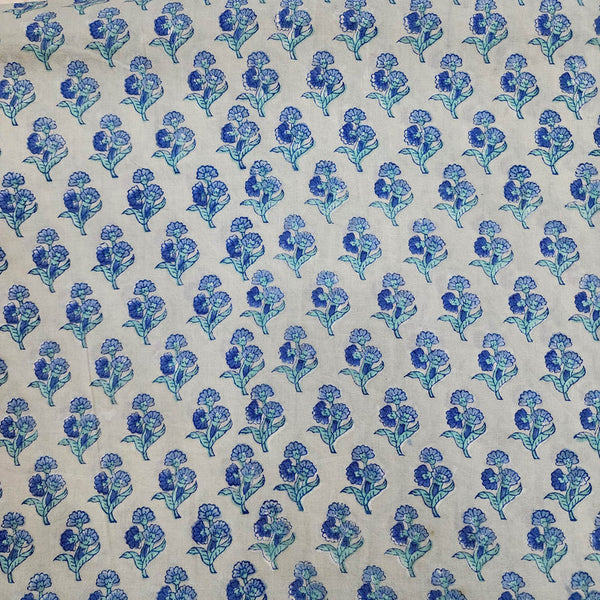 Pre-cut 0.90 cmPure Cotton Jaipuri White With Shades Of Blue Small Flower Hand Block Print Fabric