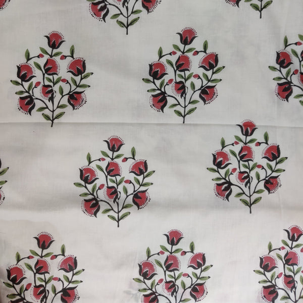 Pre-Cut 0.80 Meter Pure Cotton Jaipuri White With Summer Bloom Mughal Motif Hand Block Print Fabric