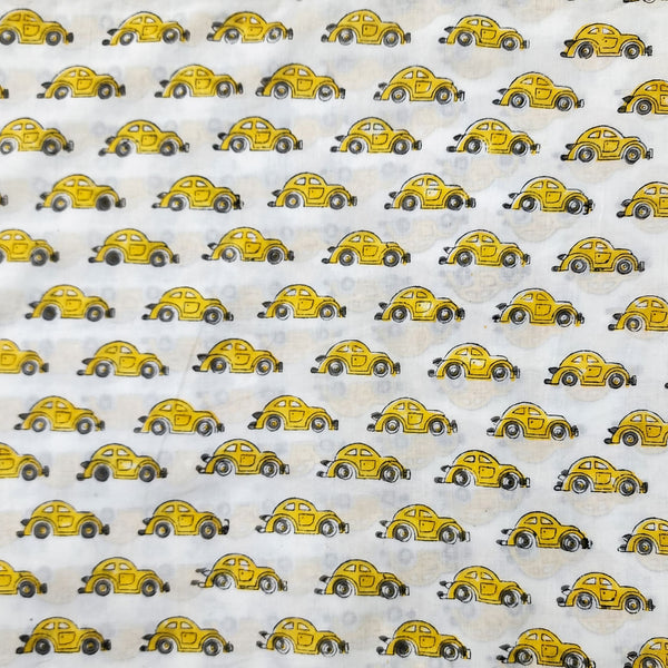 Pre-cut 0.90 cm Pure Cotton Jaipuri White With Yellow Cars Hand Block Print Fabric