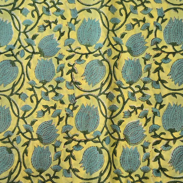 Pure Cotton Jaipuri Yellow And Blue Lotus Jaal Hand Block Print Fabric