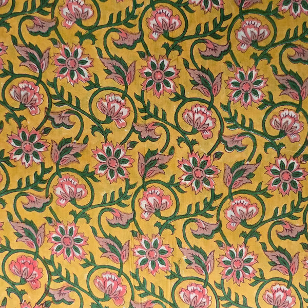Pure Cotton Jaipuri Yellow With Pink Flower Creeper Hand Block Print Fabric
