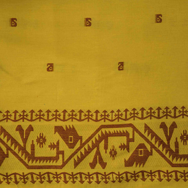 ( Width 44 Inches )  Pure Cotton Jamdani Mustard With Brown Different Intricate Design Border Hand Woven Fabric