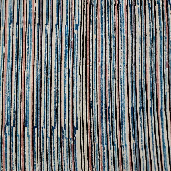 Pure Cotton Kalamkari Blue With Baby Pink Stripes Hand Block Print Fabric