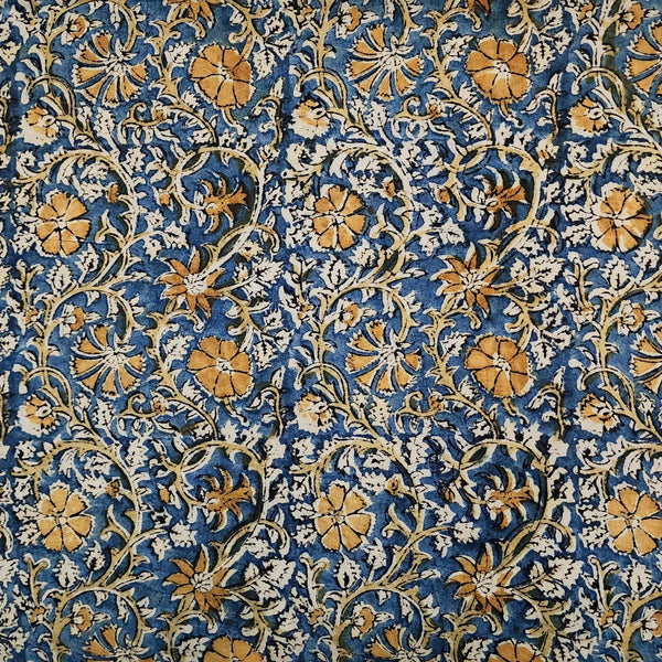 Pure Cotton Kalamkari Blue With Mustard And Green Flower Jaal Hand Block Print Fabric