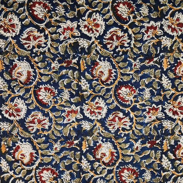 Pure Cotton Kalamkari Blue With Red And Green Flower Jaal Hand Block Print Fabric