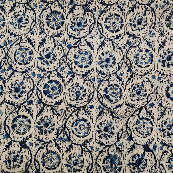 Pure Cotton Kalamkari Cream With Blue Flower Jaal Hand Block Print Fabric