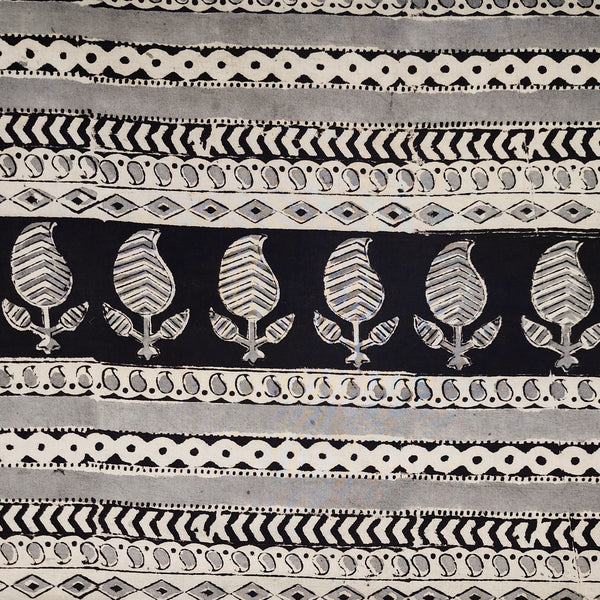 Pure Cotton Kalamkari Kairi And Intricate Border Stripes Hand Block Print Fabric