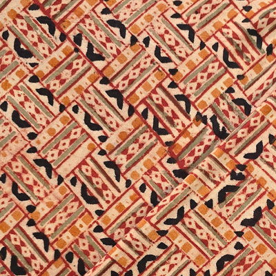 Pure Cotton Kalamkari Red With Light Orange And Black Tiles Hand Block Print Fabric