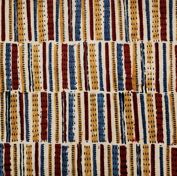 Pure Cotton Kalamkari Rust With Mustard And Blue Small Stripes All Over Hand Block Print Fabric