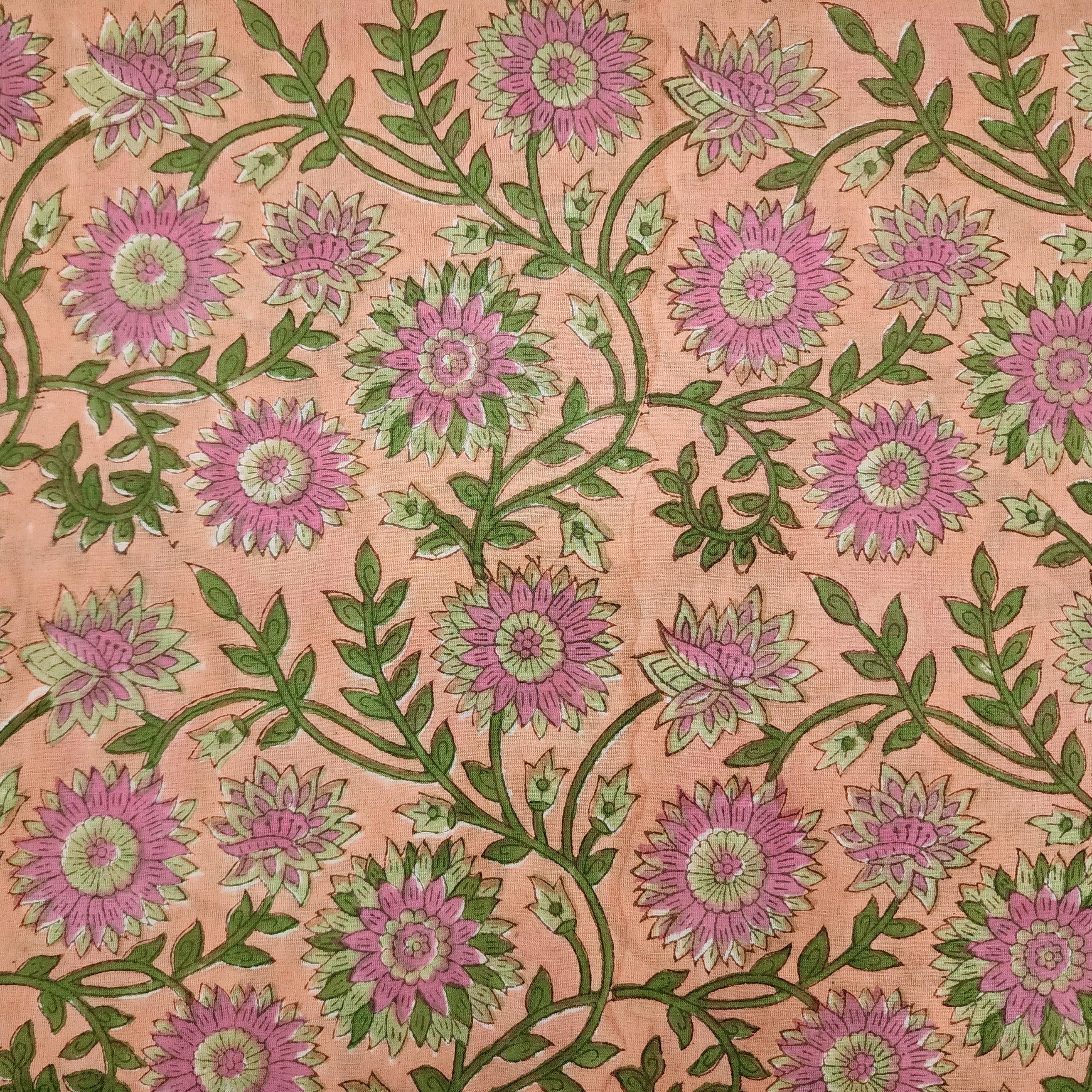 Pure Cotton Light Peach With Pink Flower With Green Jaal Hand Block Pr