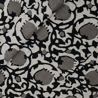 Pure Cotton Screen Print Black With White And Grey Lotus Jaal Design Printed Fabric
