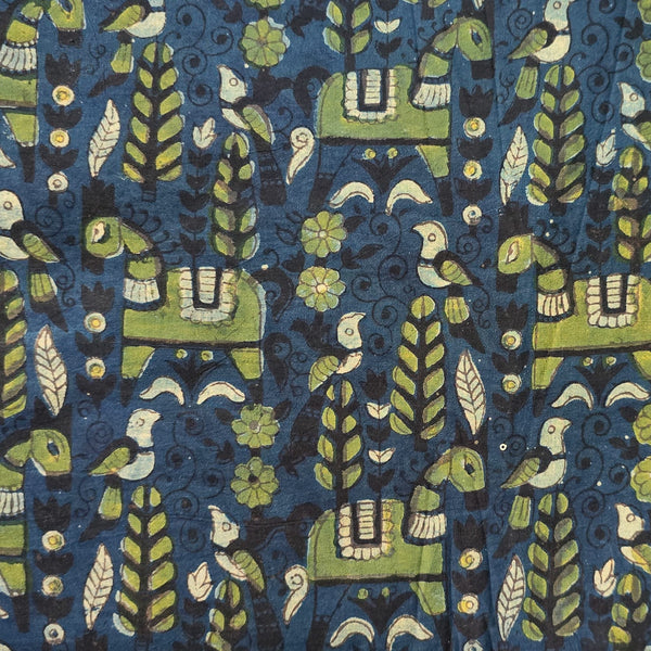 Pure Cotton Vanaspati Rust Blue With Green Animal Design  Hand Block Print Fabric