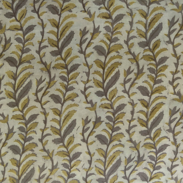 ( Pre-Cut 0.95 Meter )Pure Cotton Vanaspati Sandy With Brown Pastel Mustard Creeper Hand Block Print Fabric