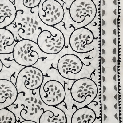 Pure Cotton White With Back  Grey Fruit Jaal Hand Block Print Fabric