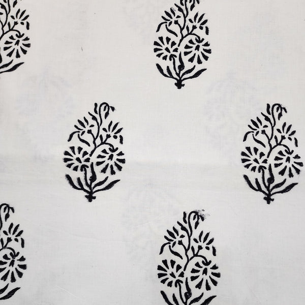 PRE-CUT 0.90 METER Pure Cotton White With Floral Mughal Motifs Hand Block Print Fabric