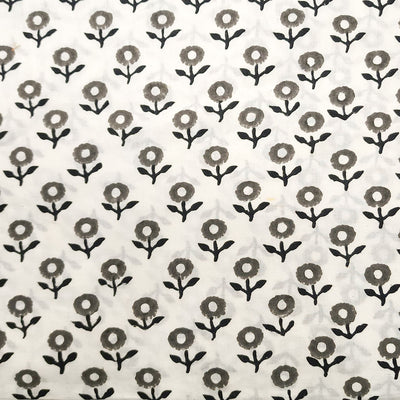 Pure Cotton White With Grey And Black Flower Bud Hand Block Print Fabric