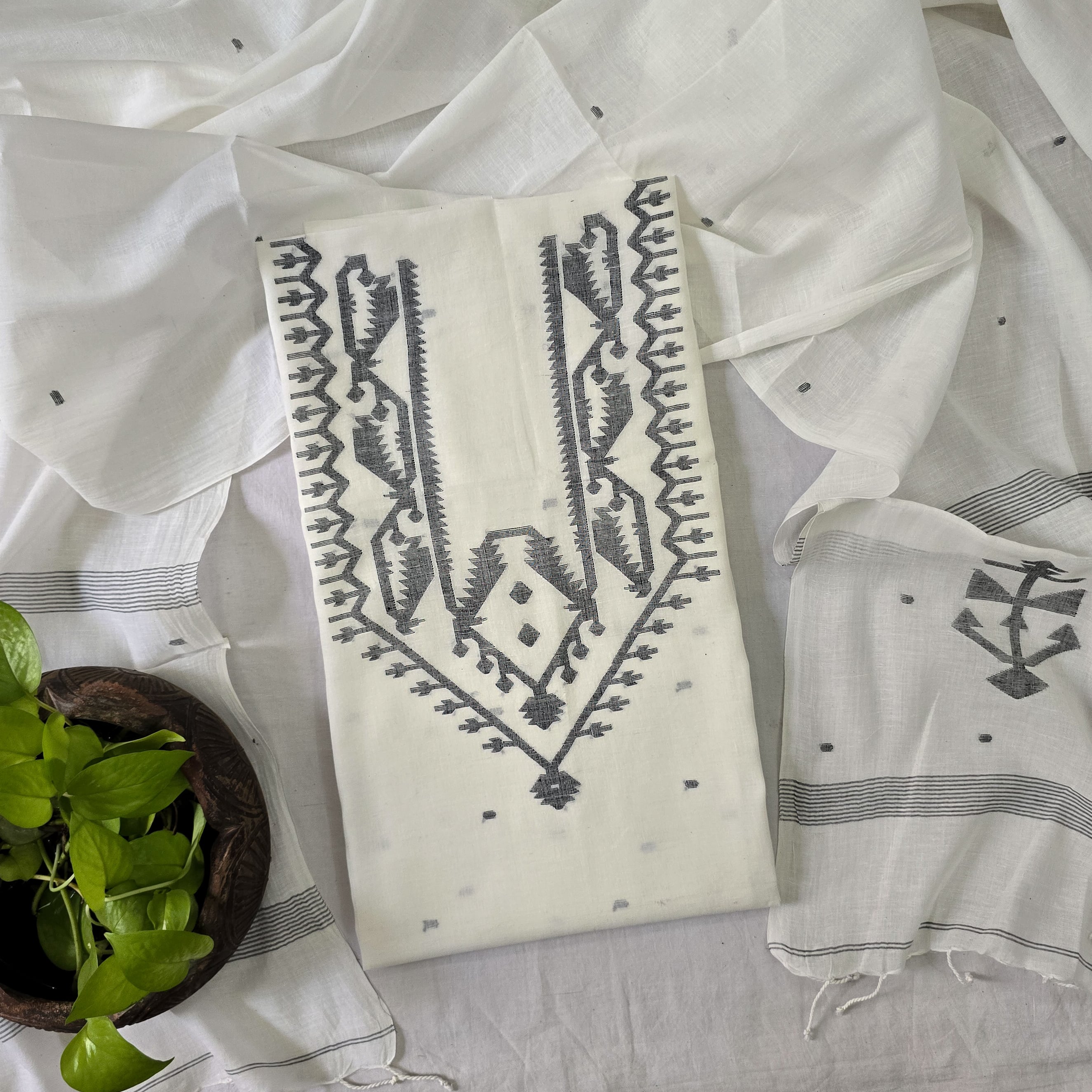 Black and White Jamdani Cotton Overlap Top