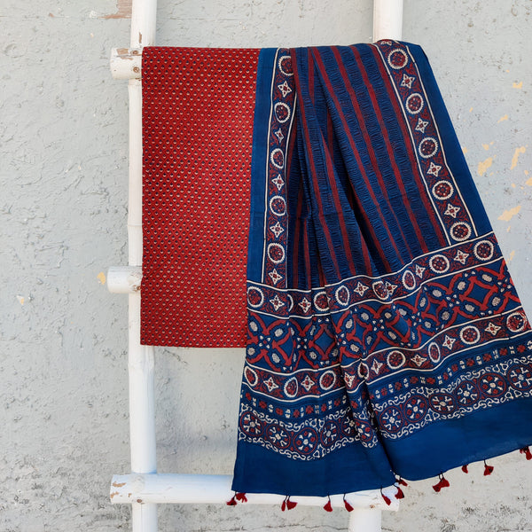 SAILEE-Pure Cotton Ajrak Rust With Blue Tiny Flower Buds Top With Blue Dupatta