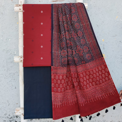 TANISHKA-Pure Cotton Handloom Maroon With Cotton Black Bottom And Black  Intricate Design  And Rust Flower Border Ajrak Dupatta Suit