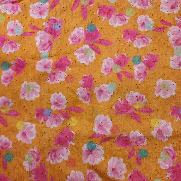 ( Width 44 Inches ) Pure Cotton Hakoba Orange With Pink Flowers Screen Print Fabric