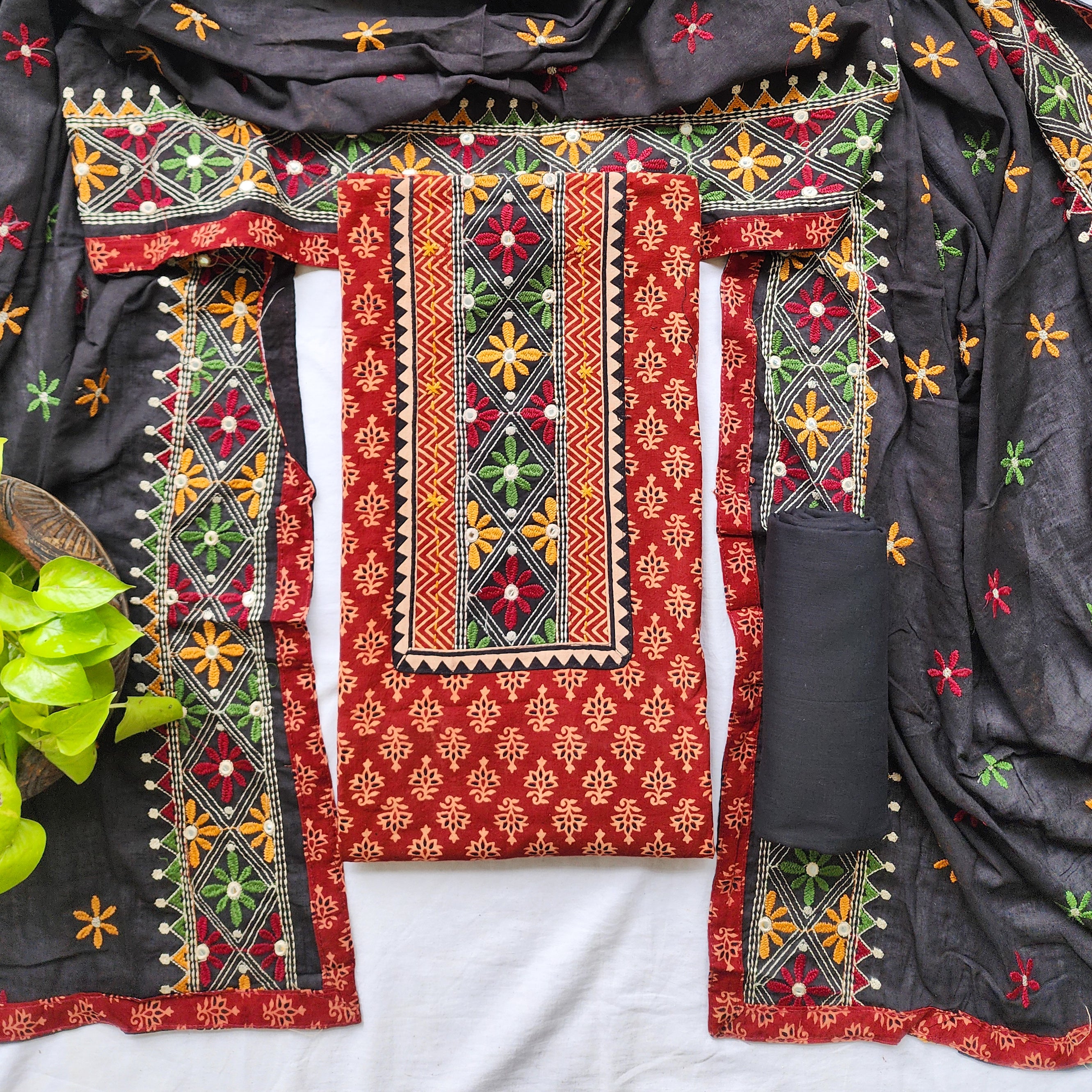 Dark maroon premium slub cotton unstitched salwar material (lining optional) ajrak patch yoke with zari work, panel design, teal blue cotton bottom, hand block printed mul cotton dupatta. FB262417 main image 1