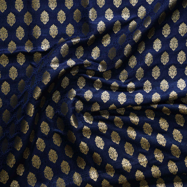 Banarasi Brocade Navy With Gold Zari Flowerpot Motif Woven Fabric