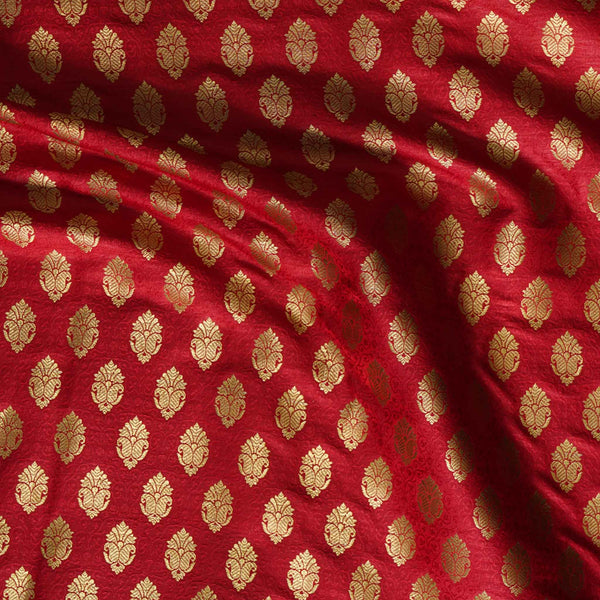 Banarasi Brocade Red With Gold Zari Flowerpot Motif Woven Fabric