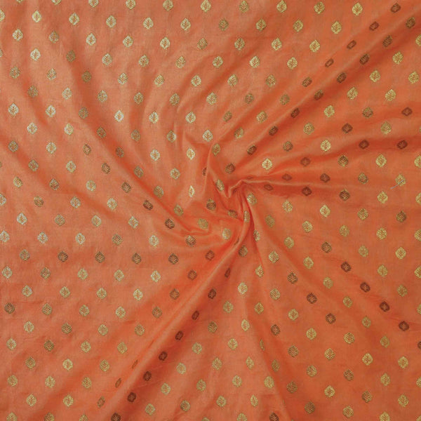 Brocade Peach With Tiny Gold Leaves Woven Fabric