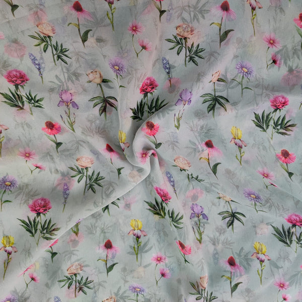Georgette Pastel Grey With Vintage Spring Flowers Flowy Fabric