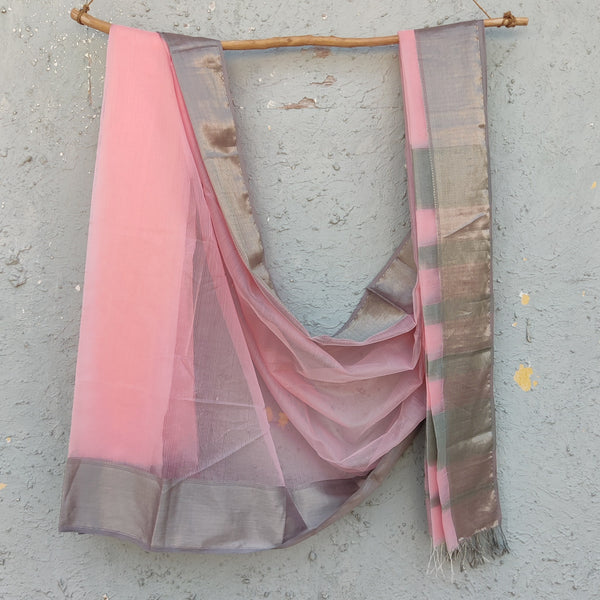 MAHESHWARI-Pure Maheshwari Baby Pink With Grey Border Saree