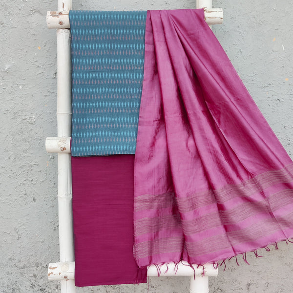 IRA -Pure Cotton Mercerised Ikkat Top With Plain Bottom And A Flowy Tussar Satin Dupatta Teal