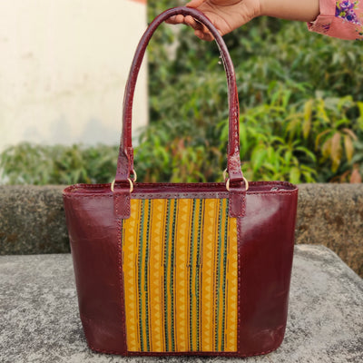 JODHPURI -Jodhpuri Leather Haldi Dyed Ajrak Tote Shoulder Bag With A Zip