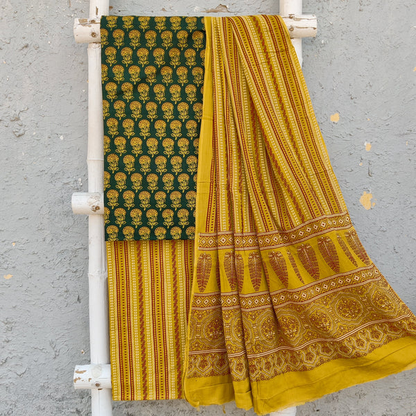 MADHUR - Pure Cotton Screen Print Dark Green Top With Stripes Bottom And A Pure Cotton Dupatta