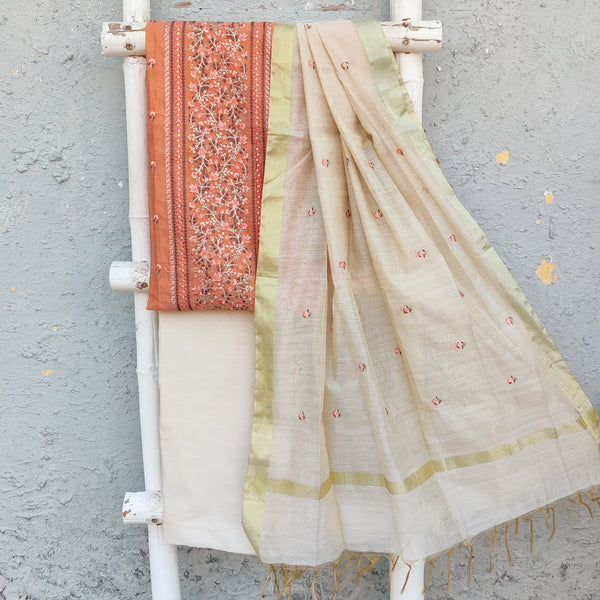 MONA - Orange Cotton Silk With Panel Embroidery Top Cotton Silk Cream Bottom And A Cream Embroidered Dupatta