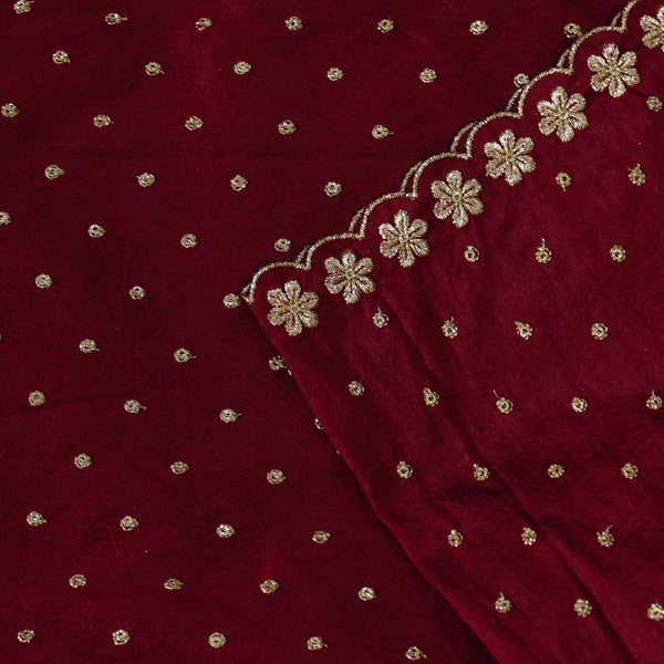 MaroPrecut 1.80 meter Slub Silk Cotton With Gold Zari Butti With One Side Scalloped Border Embroidered Fabric