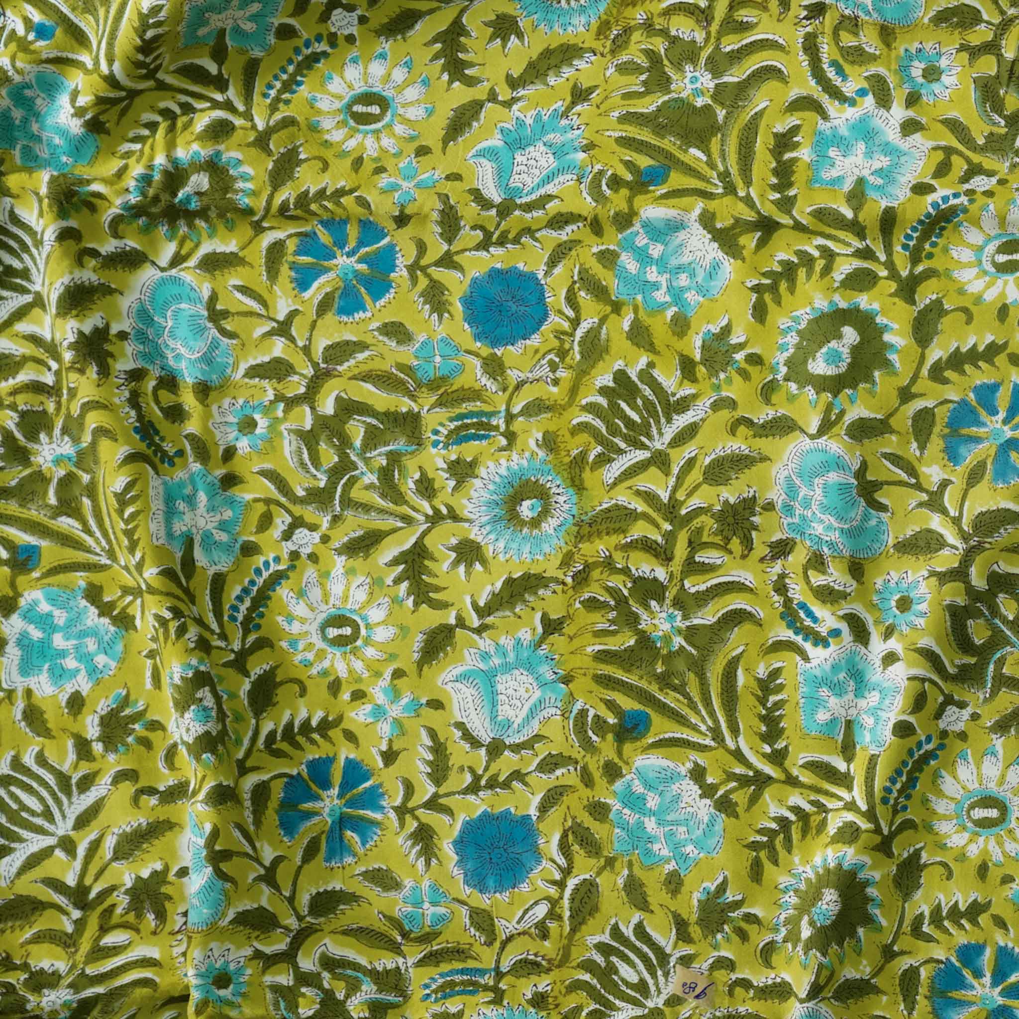 Modal Cotton Green With Shades Of Light Blue Floral Jaal Hand Block Pr