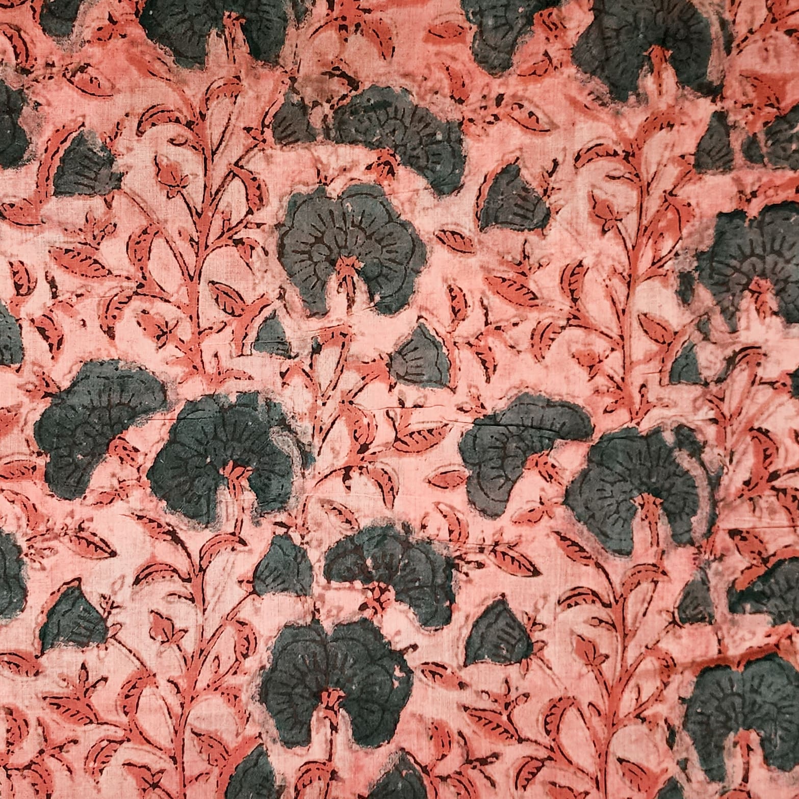 Mul Pure Cotton Bagru Prach With Dark Green Wild Flower Jaal Hand Bloc