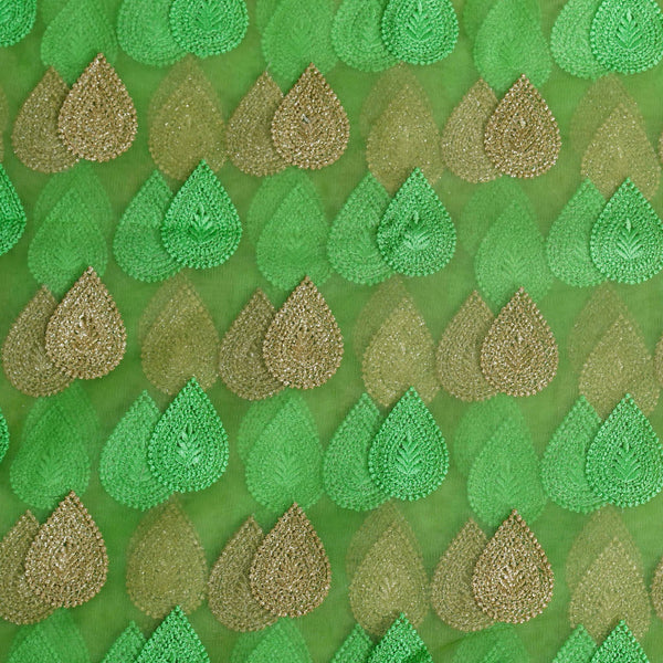 Pre-cut 1.80 meter Green Net With Embroidered Intricate Gold And Green Leaf  Motif