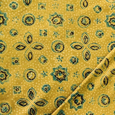 Pure Cotton Ajrak Sandy Yellow With Flower And Star Tile Motif Hand Block Print Fabric
