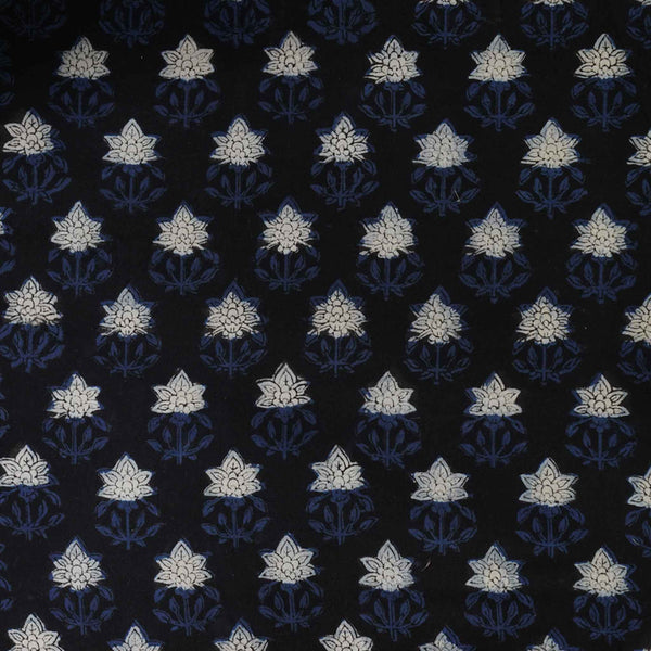 Pure Cotton Bagru Black With Cream And Blue Simple Flowers Hand Block Print Fabric