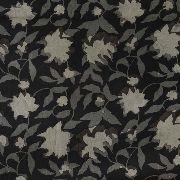 Pure Cotton Bagru Black With Grey Floral Jaal Hand Block Print Fabric