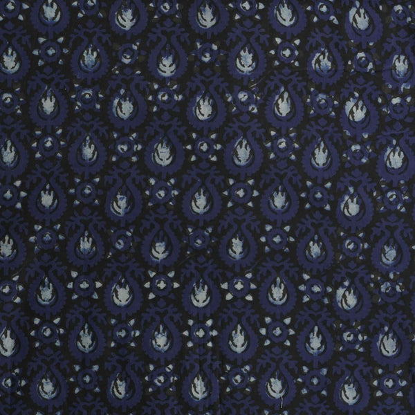 Pure Cotton Bagru Dull Black With Cream And Blue All Over Pattern  Block Print Fabric