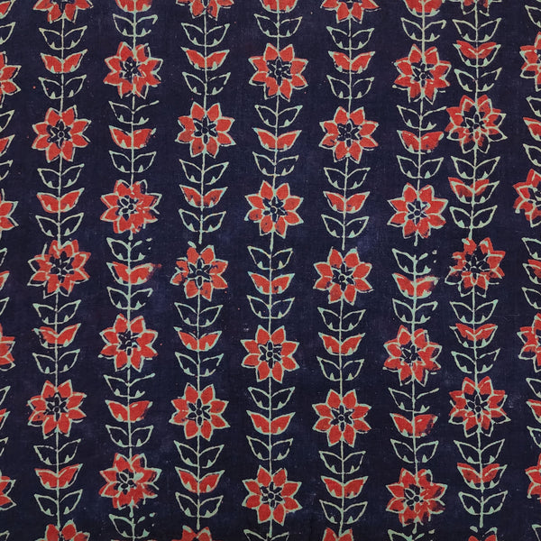 Pure Cotton Bagru Jahota Navy With Rust Orange Floral Creeper Stripes Hand Block Print Fabric